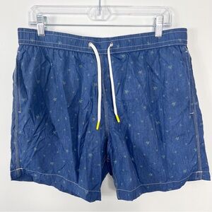 Hartford Nylon Leaf Print Mid Length Swim Trunk Shorts Size XL NWT Navy Blue
